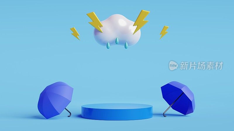 季风季节提供和销售横幅。圆柱讲台，伞，云，雷。3 d渲染插图。